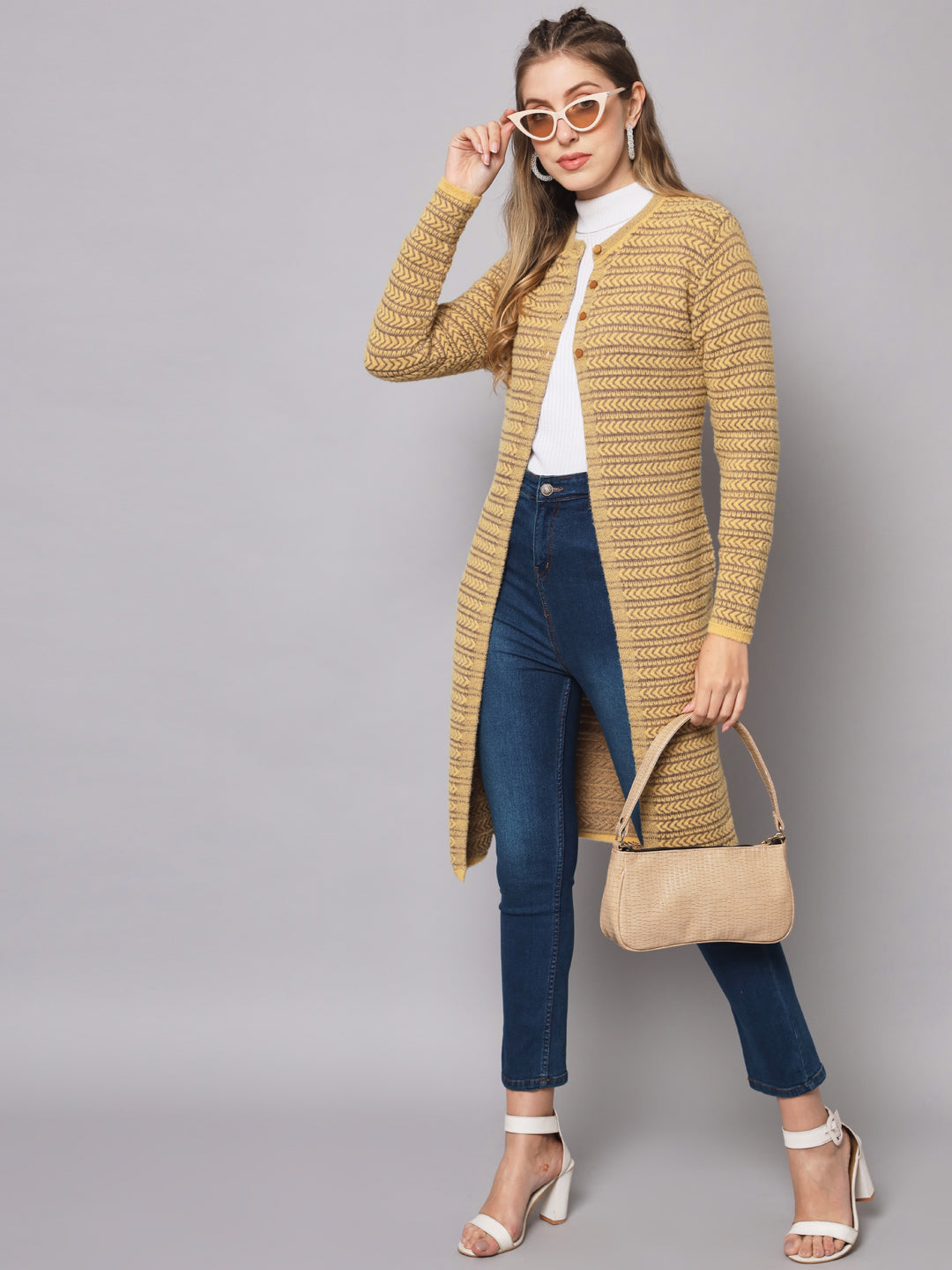 Broowl Women Yellow & Brown Wool Striped Longline Cardigan