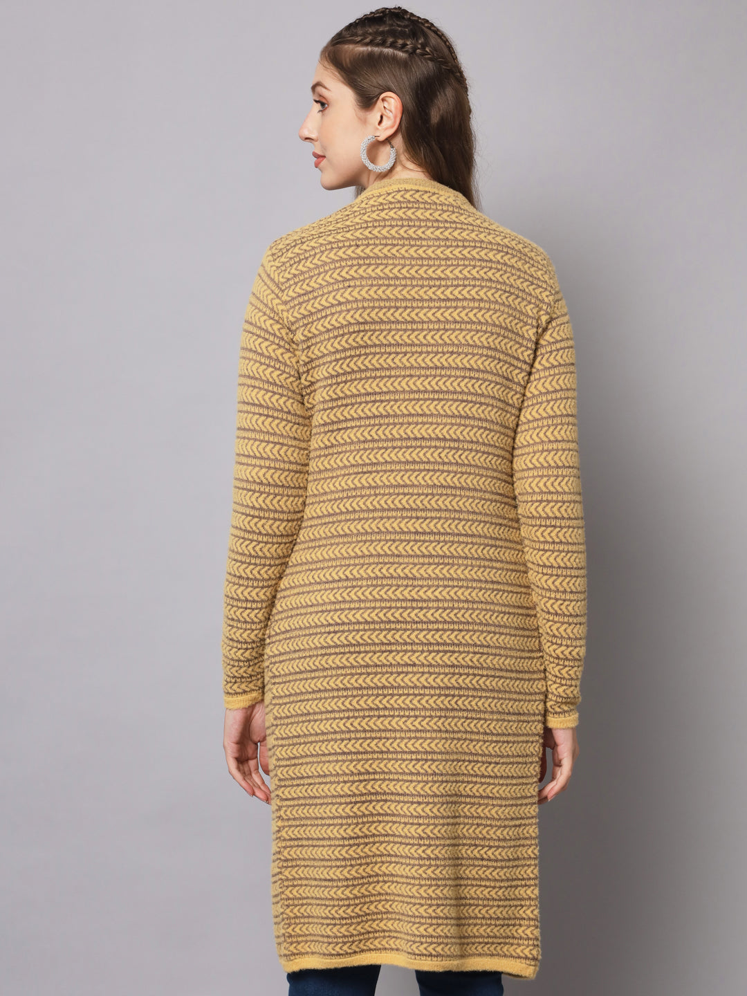 Broowl Women Yellow & Brown Wool Striped Longline Cardigan