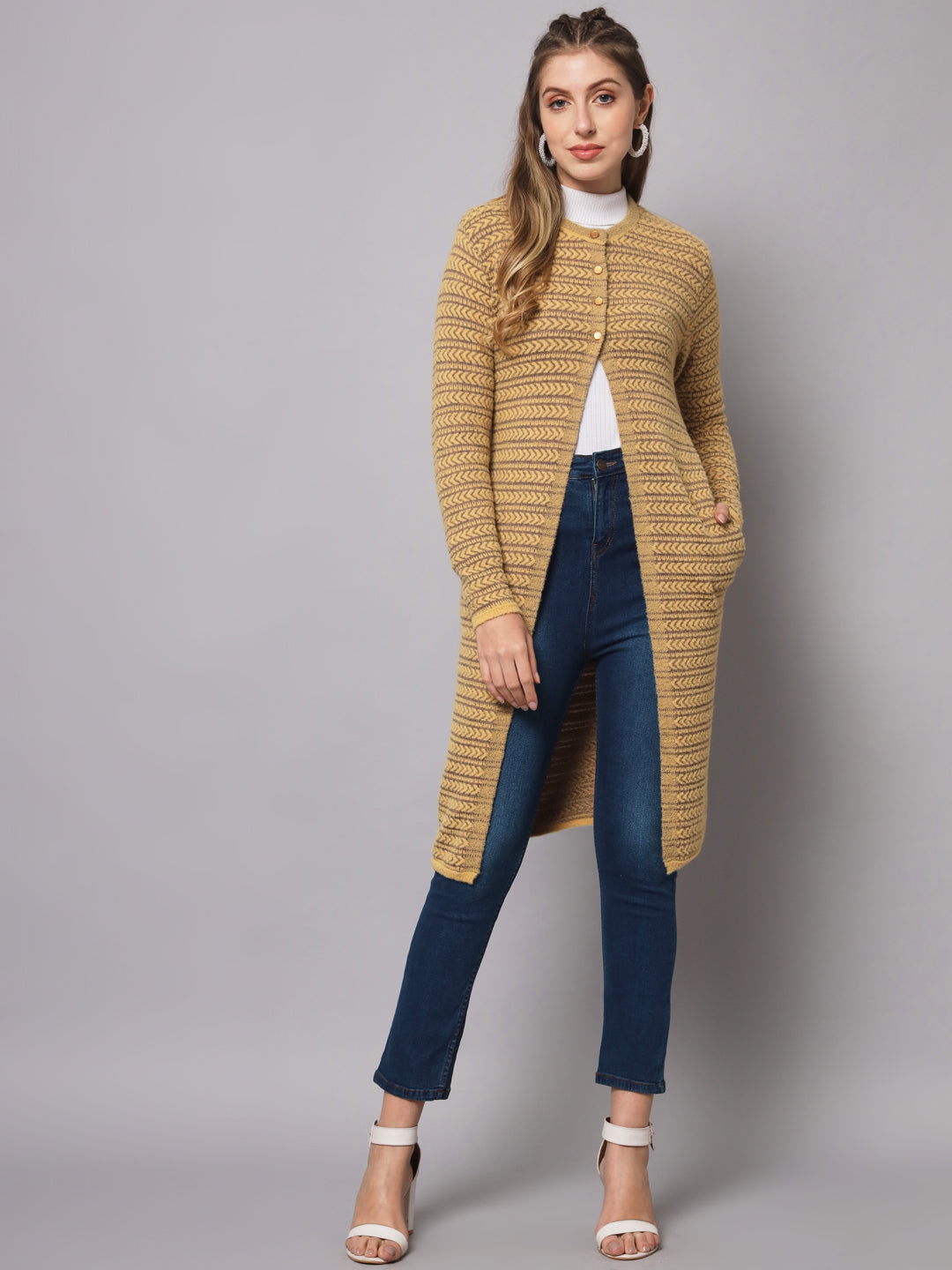 Broowl Women Yellow & Brown Wool Striped Longline Cardigan