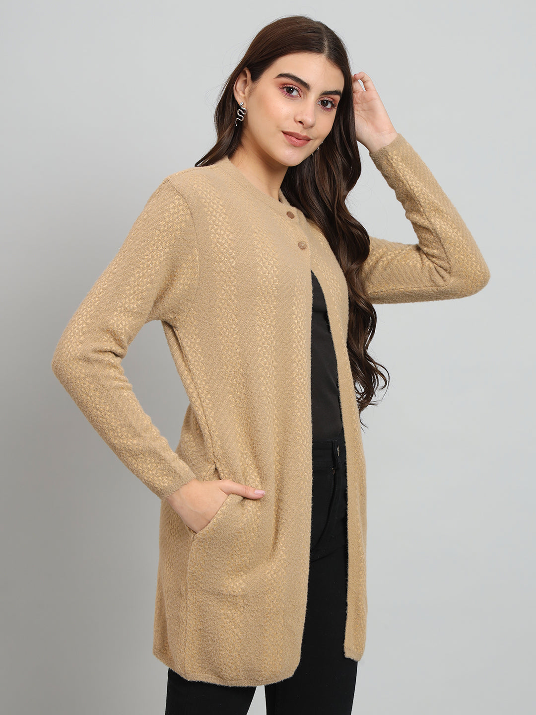 Womens Beige Woollen Cardigan