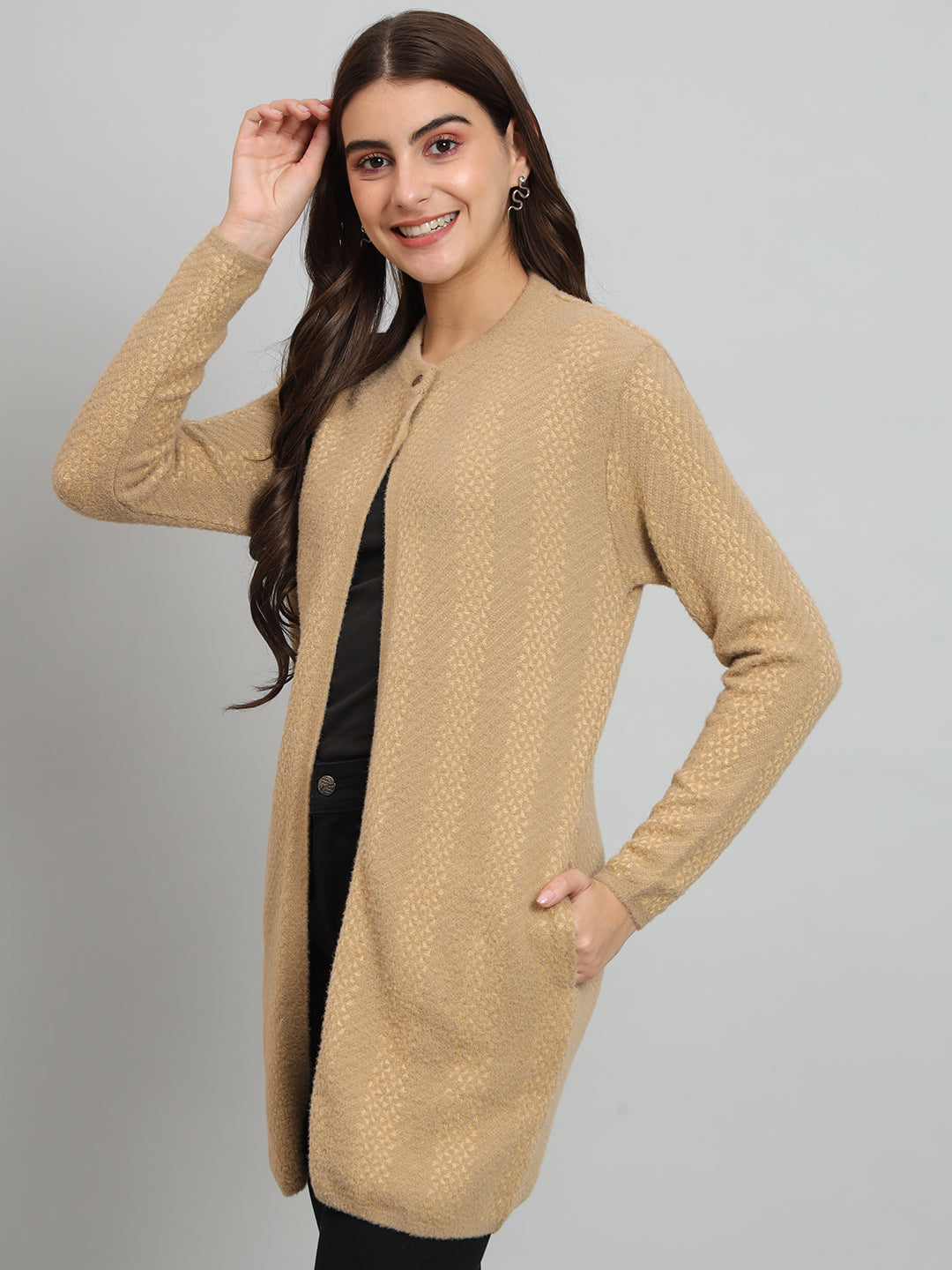 Womens Beige Woollen Cardigan