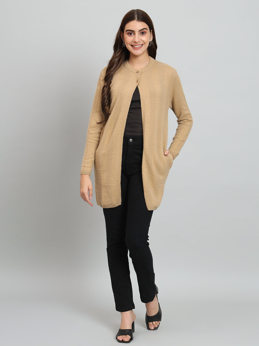 Womens Beige Woollen Cardigan