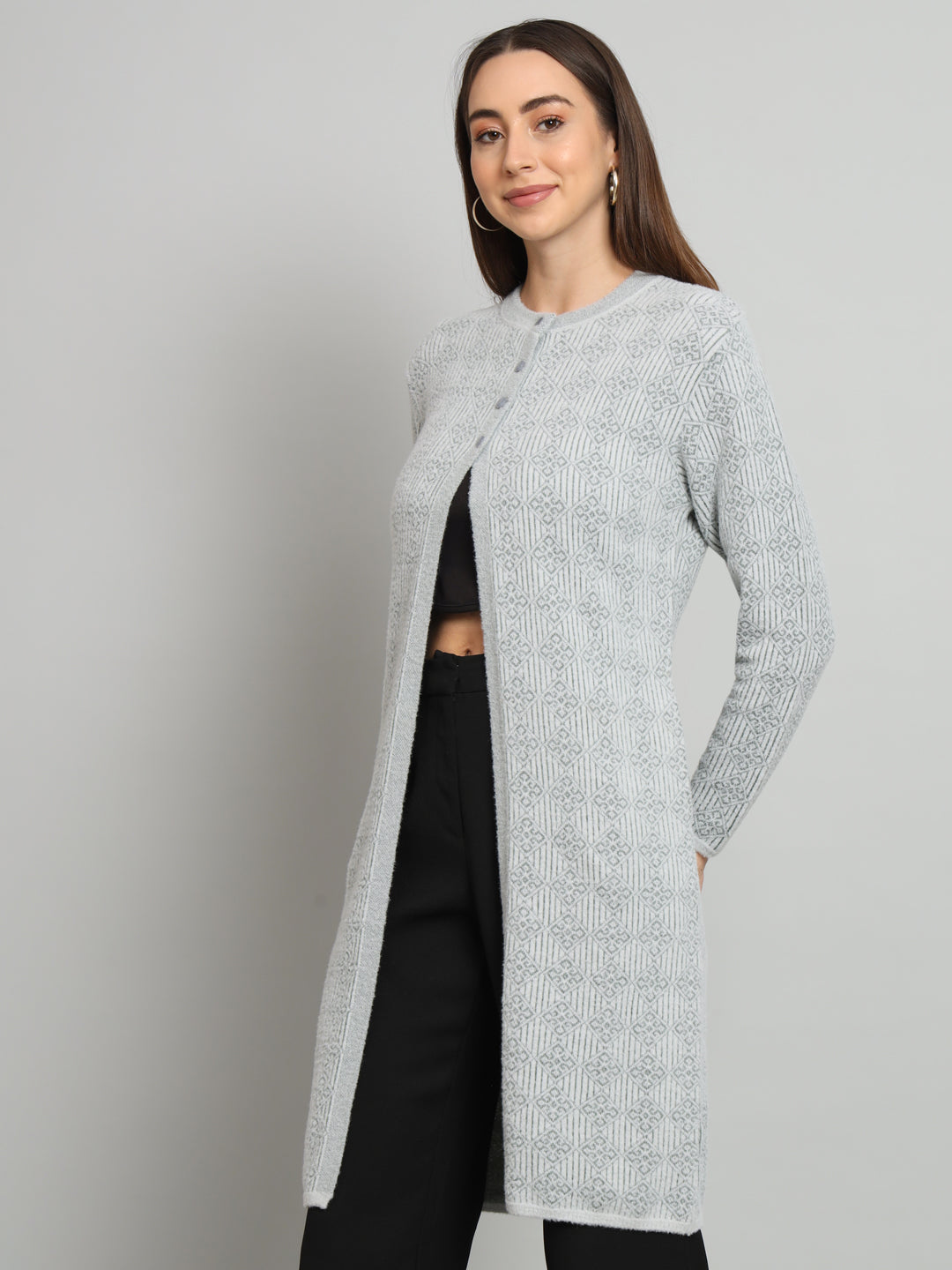 Grey Womens Geometric Longline Cardigan