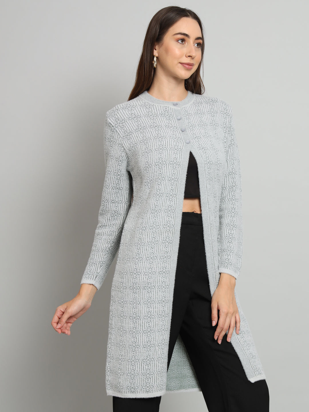 Grey Womens Geometric Longline Cardigan