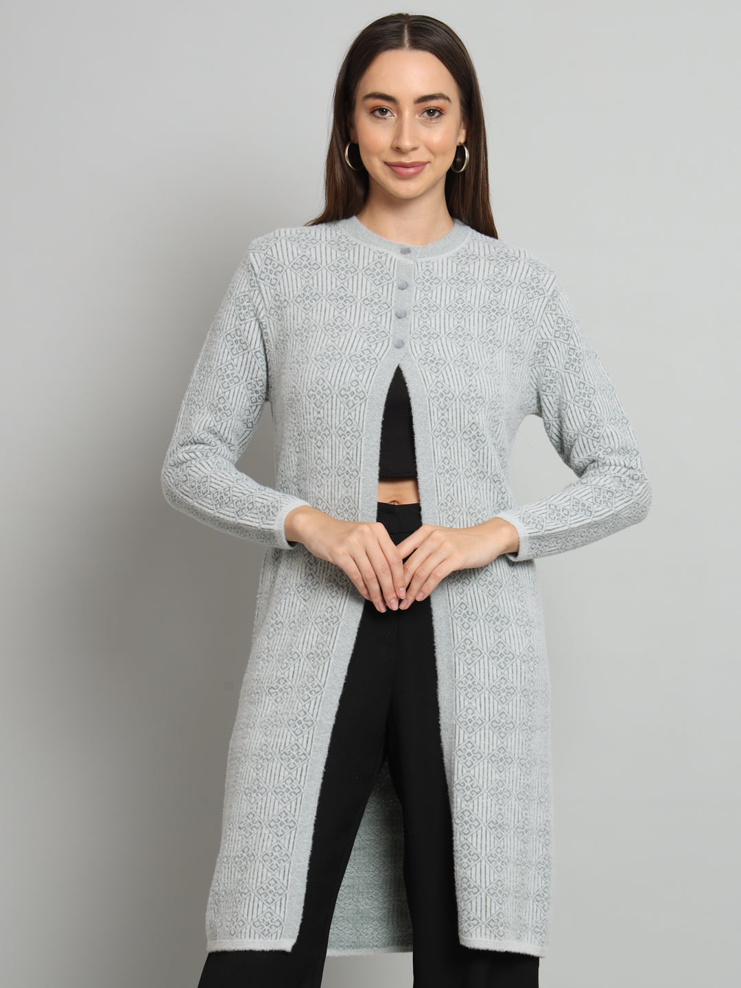 Grey Womens Geometric Longline Cardigan