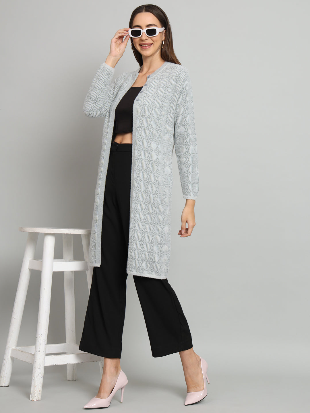 Grey Womens Geometric Longline Cardigan