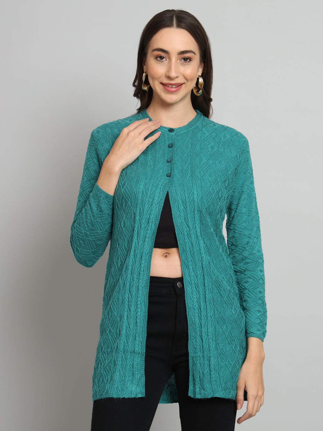 Green Solid Woollen Cardigan