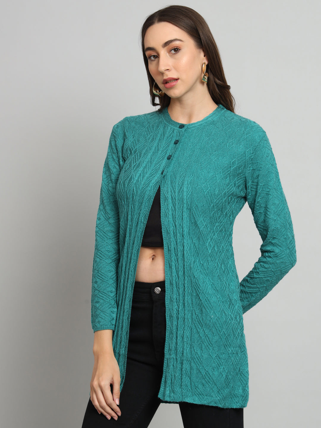 Green Solid Woollen Cardigan