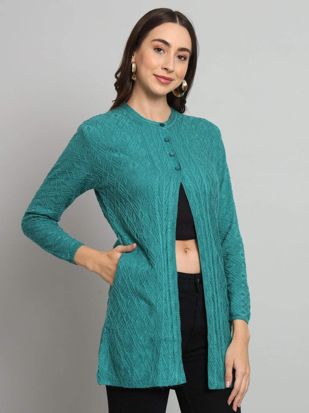 Green Solid Woollen Cardigan