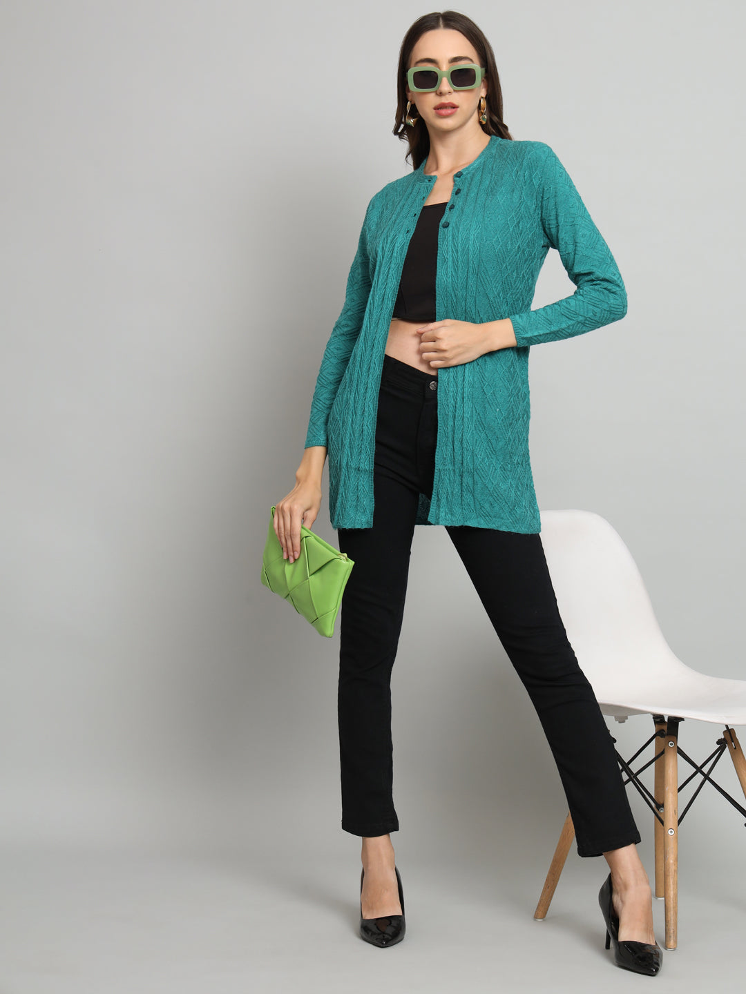 Green Solid Woollen Cardigan