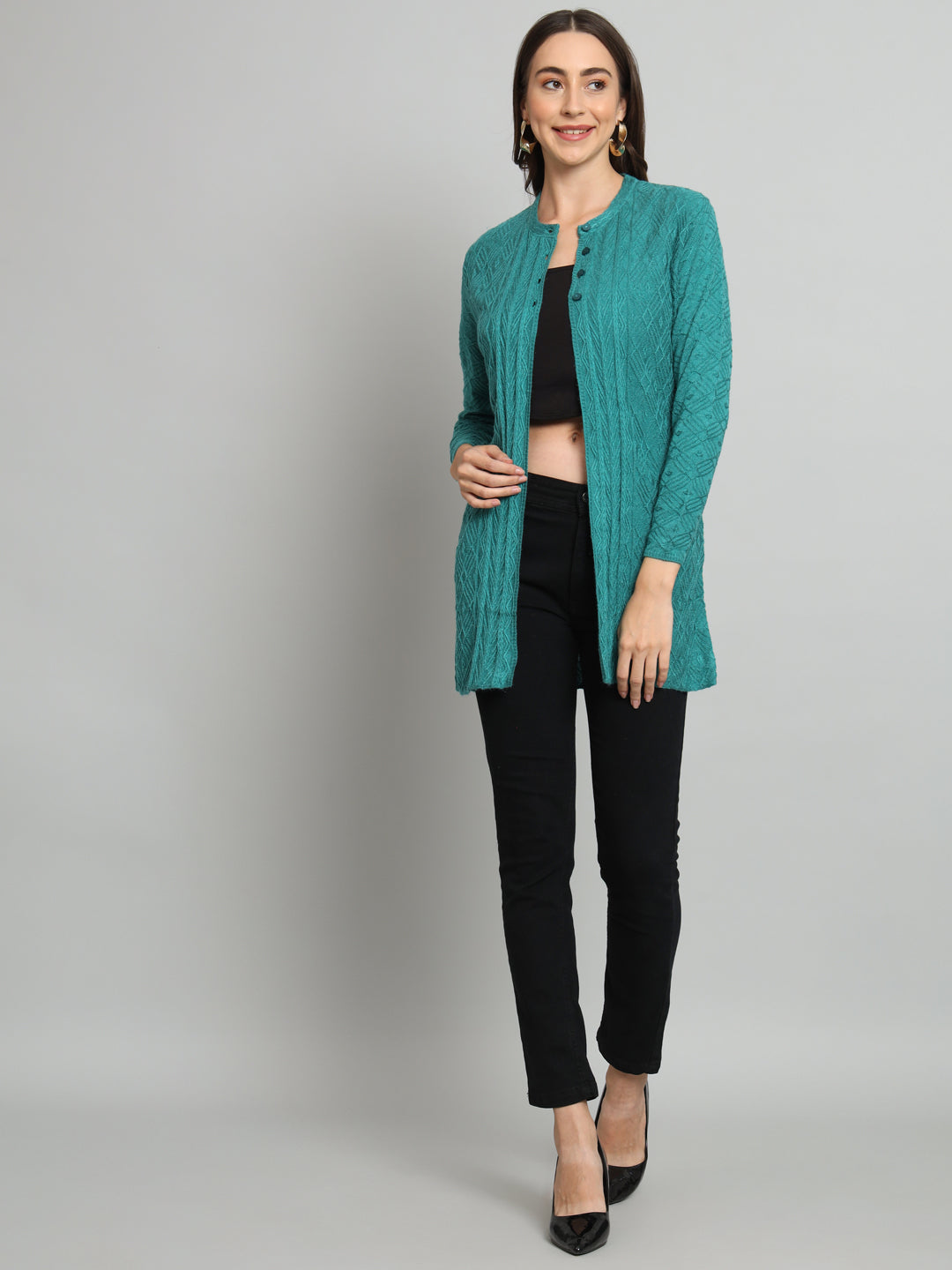 Green Solid Woollen Cardigan