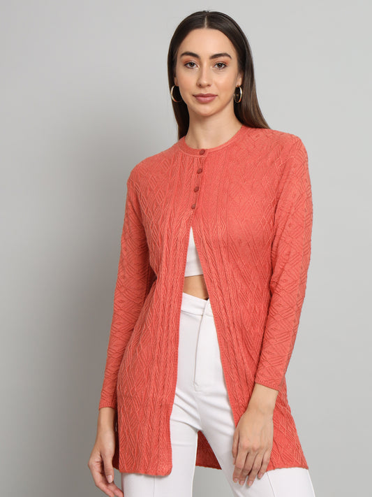 Peach Solid Self Design Cardigan