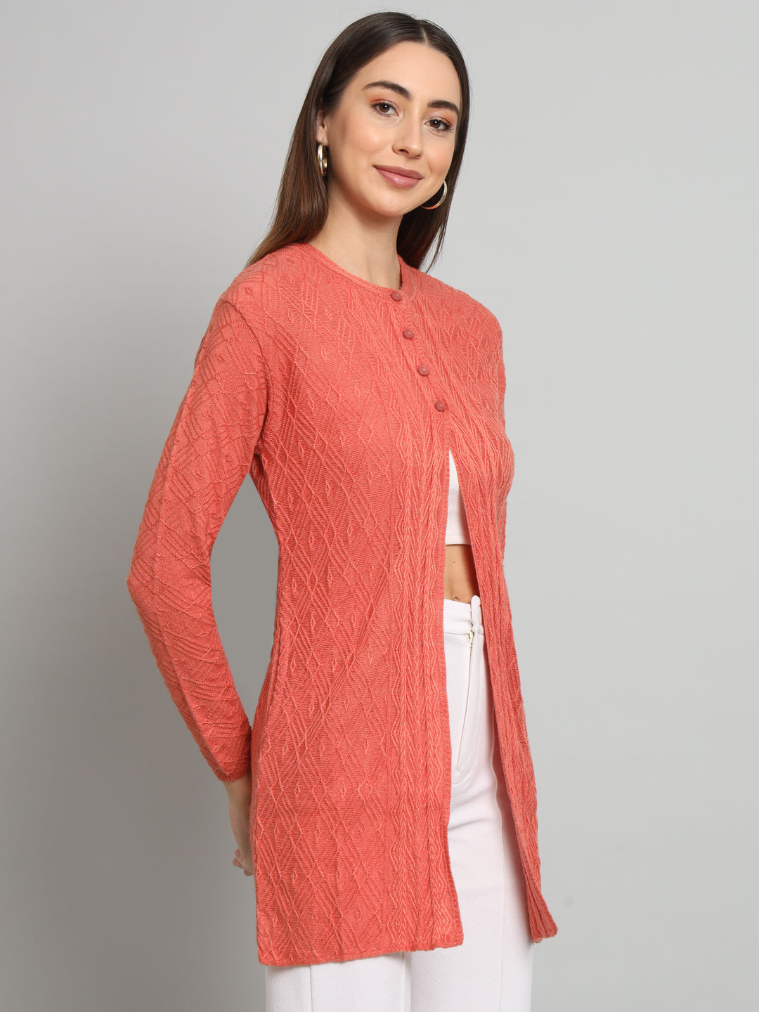 Peach Solid Self Design Cardigan