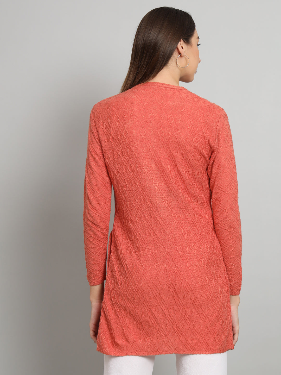 Peach Solid Self Design Cardigan