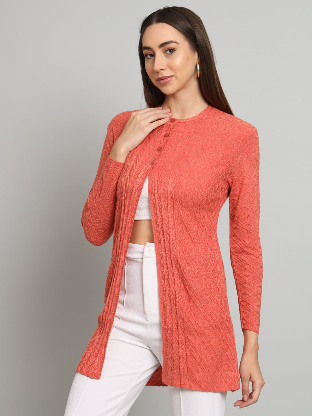 Peach Solid Self Design Cardigan