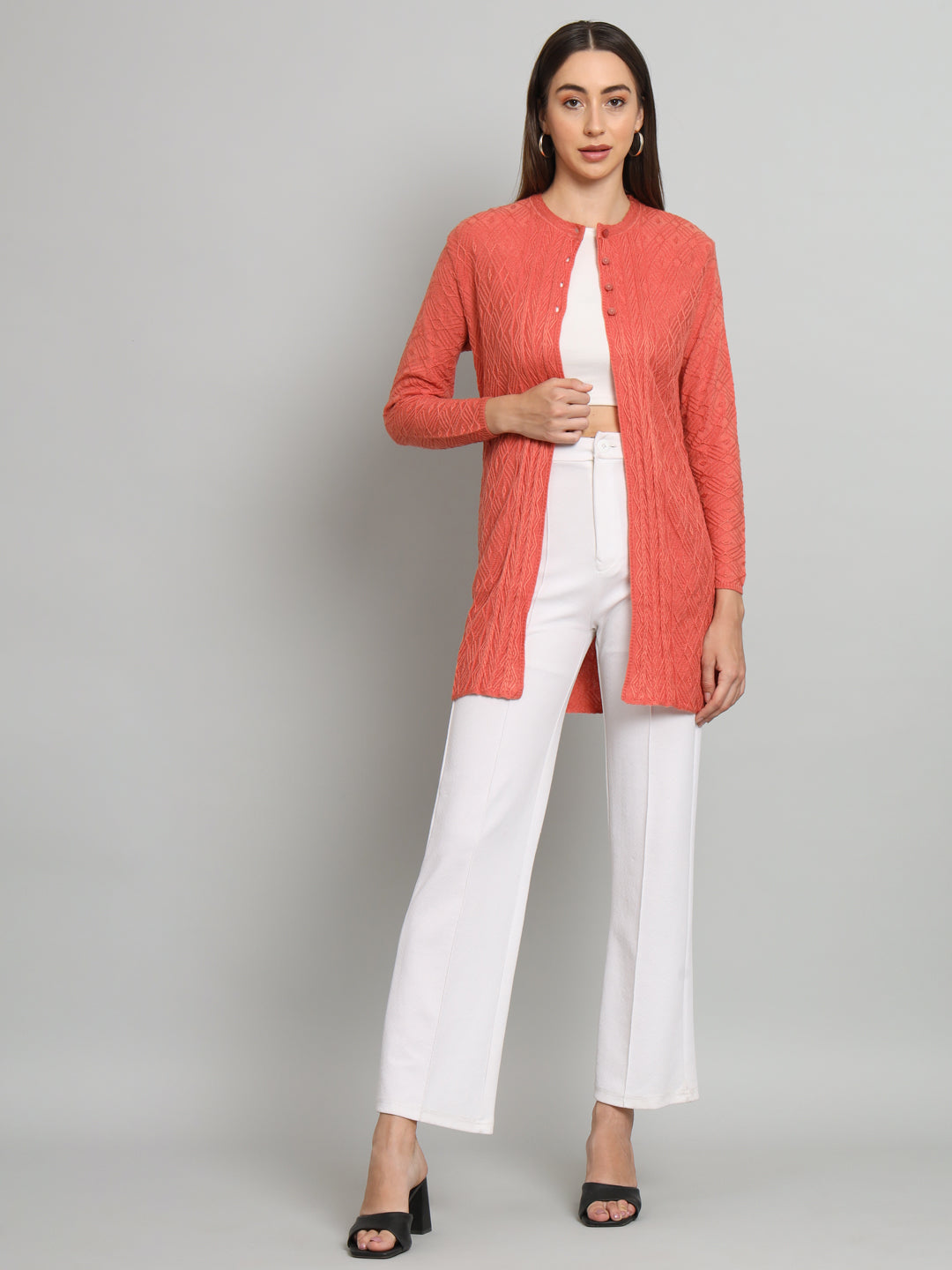 Peach Solid Self Design Cardigan