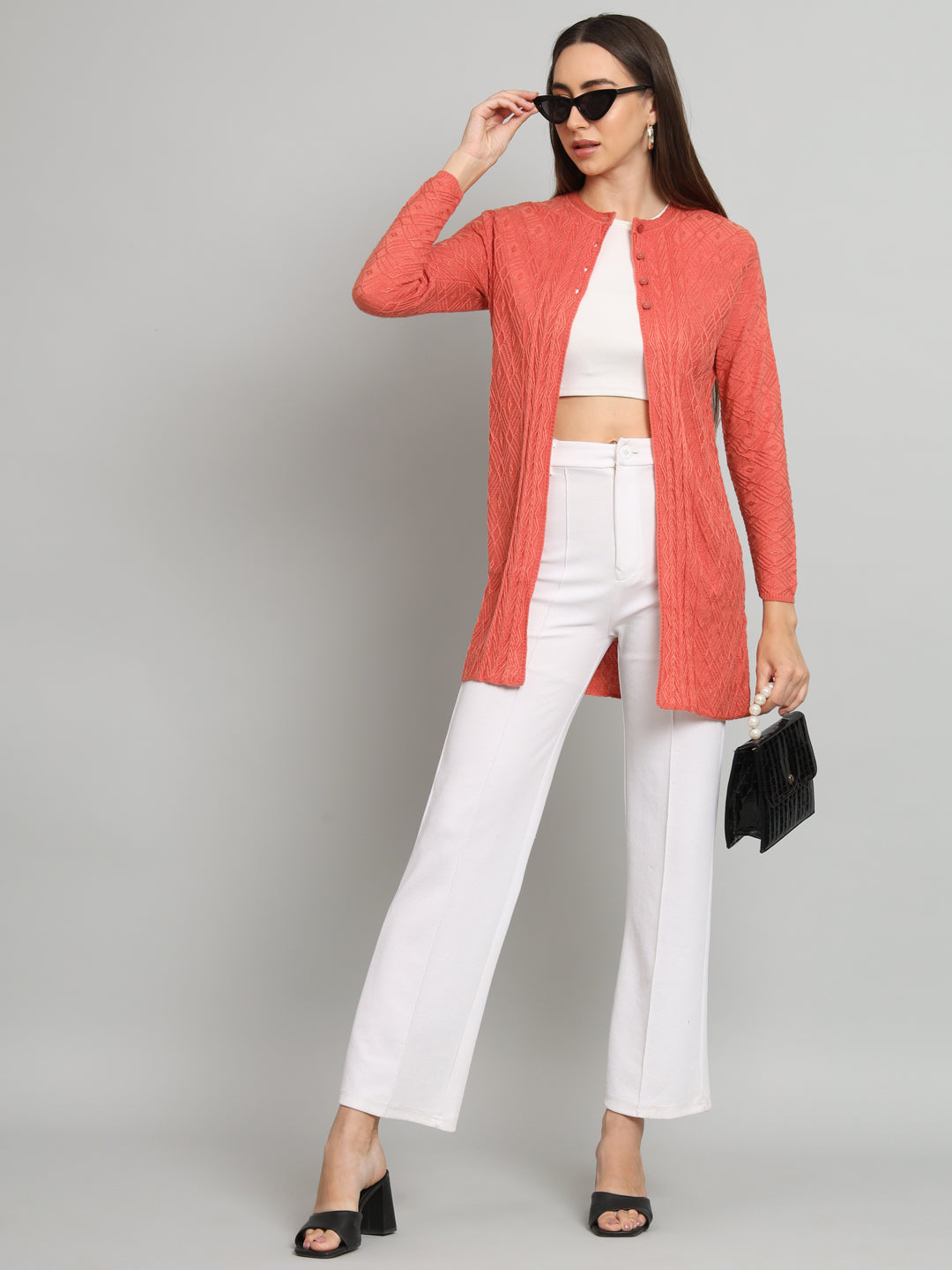 Peach Solid Self Design Cardigan