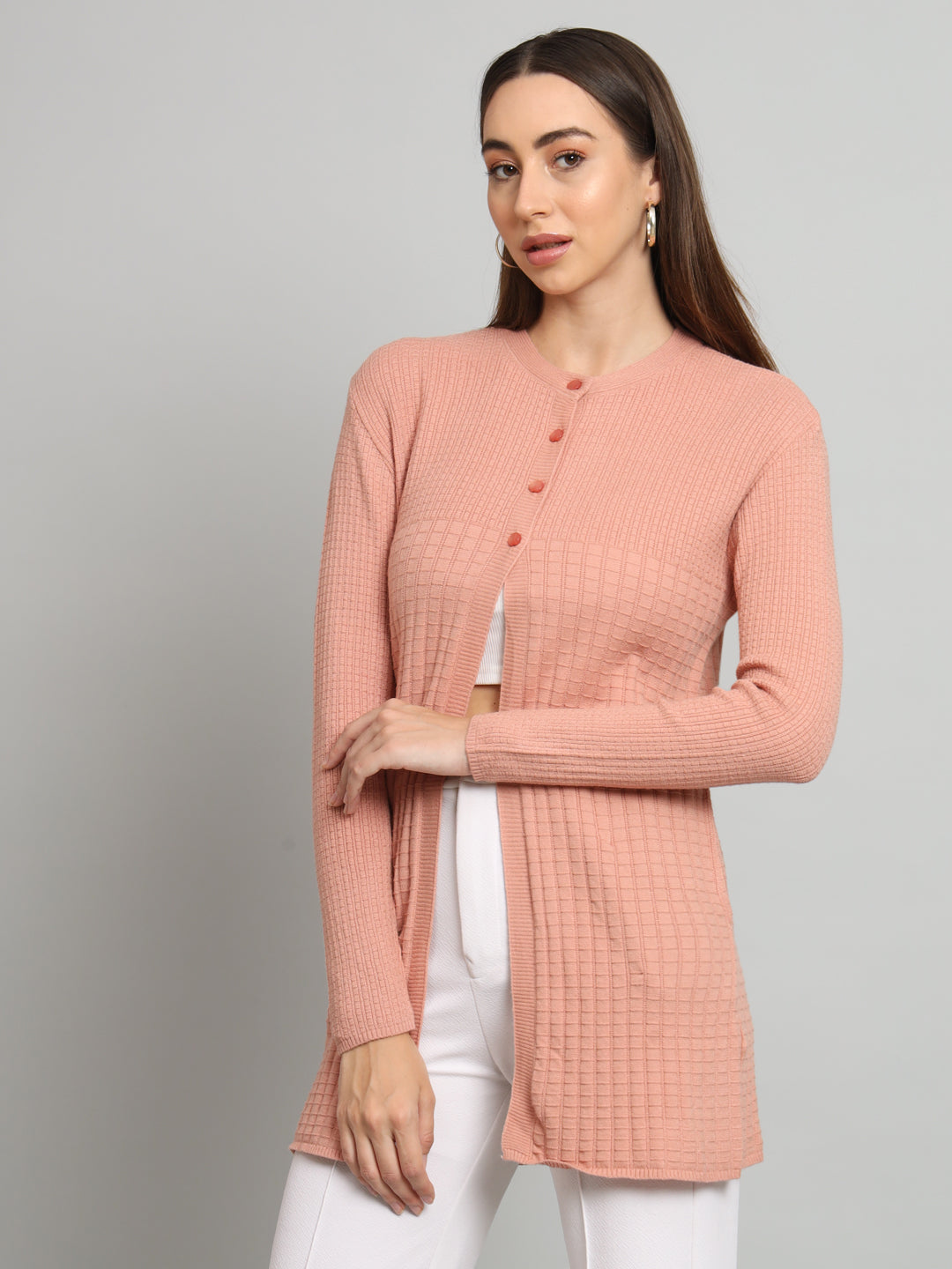 Peach Solid Woollen Cardigan