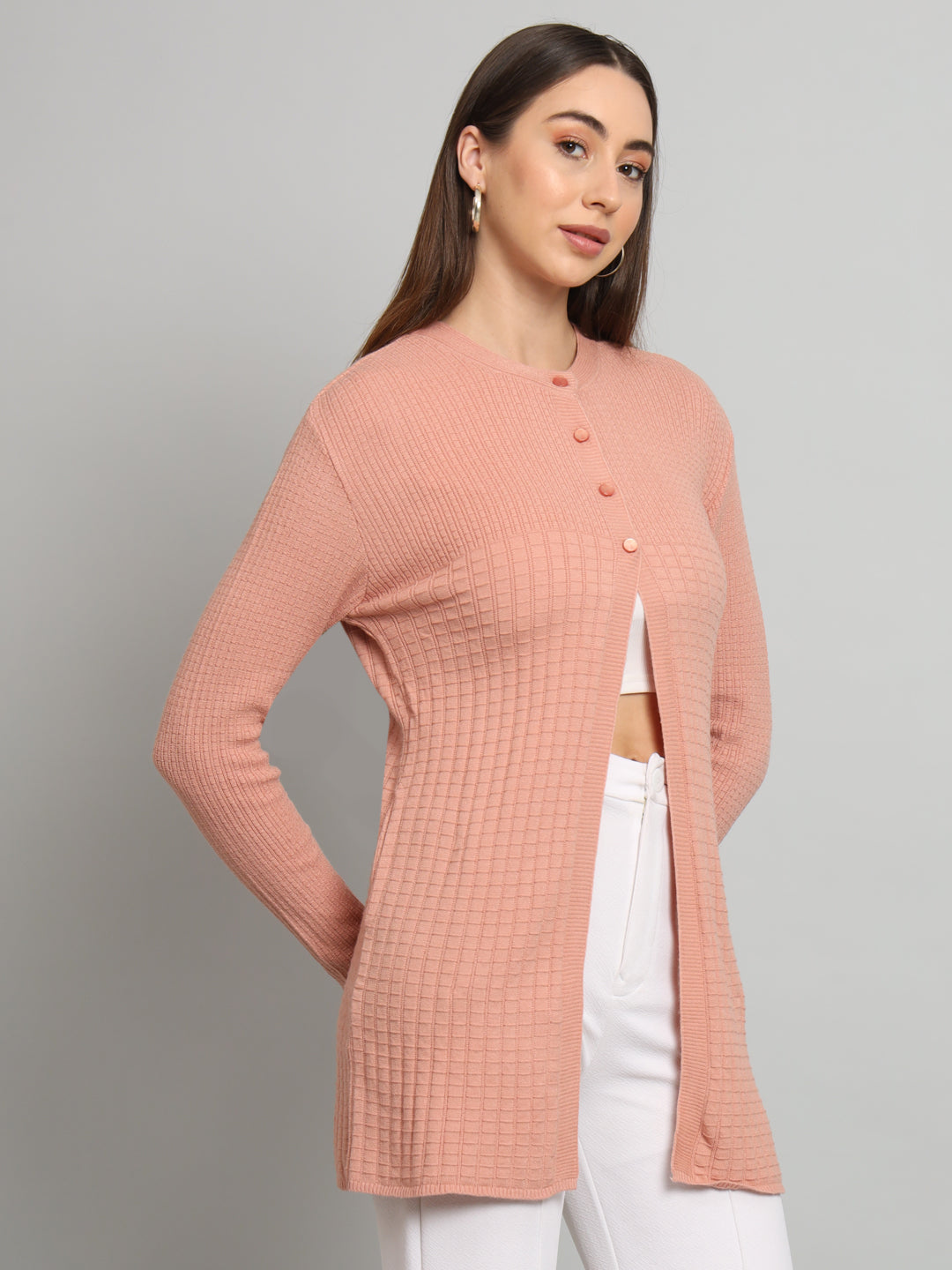 Peach Solid Woollen Cardigan