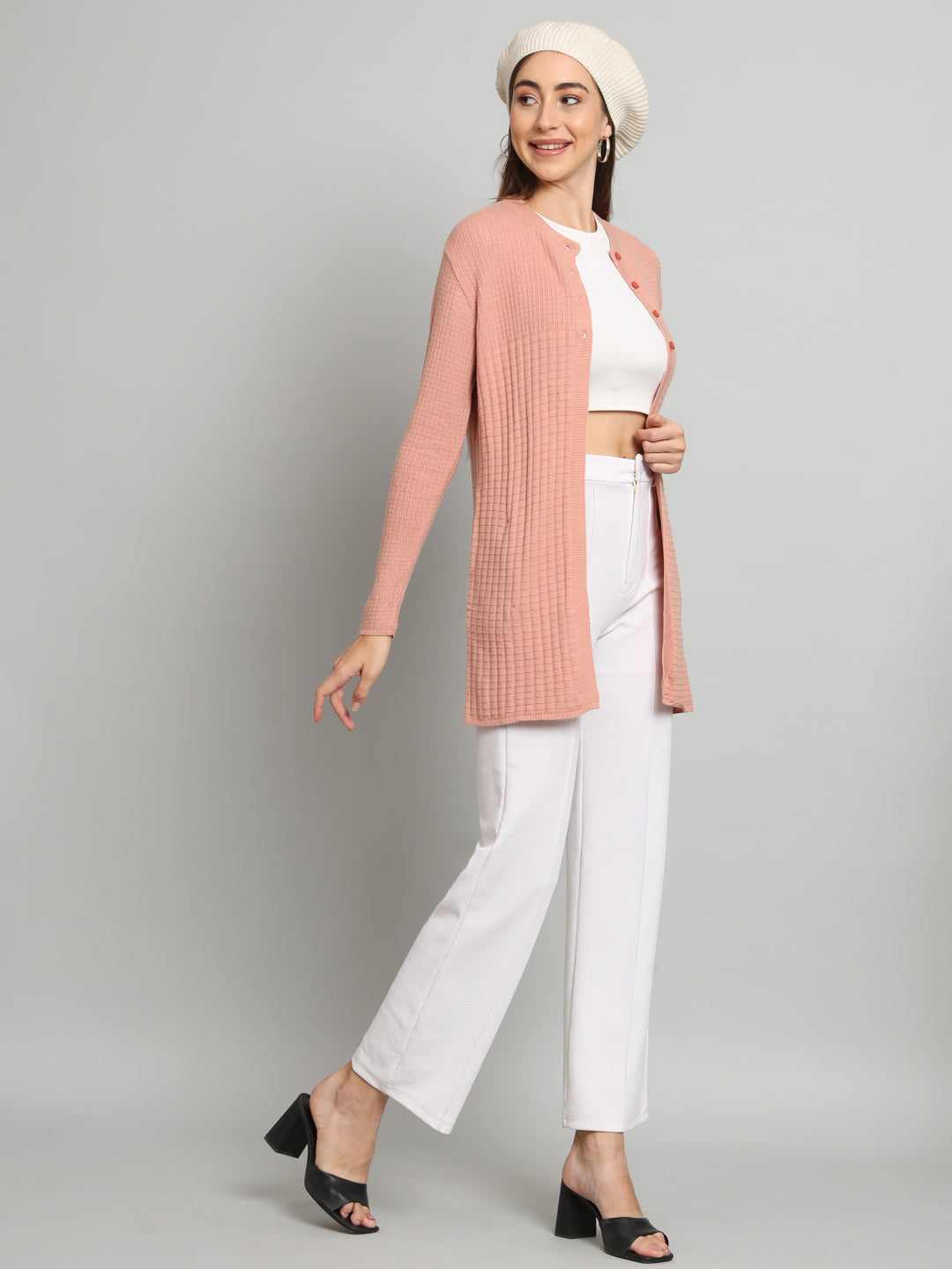 Peach Solid Woollen Cardigan