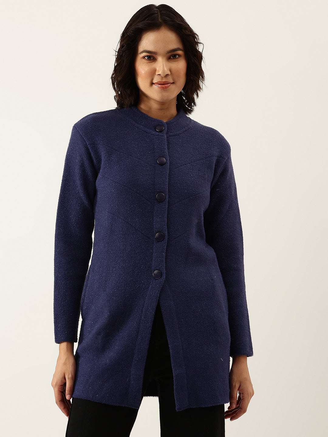 Women Blue Woollen Longline Cardigan