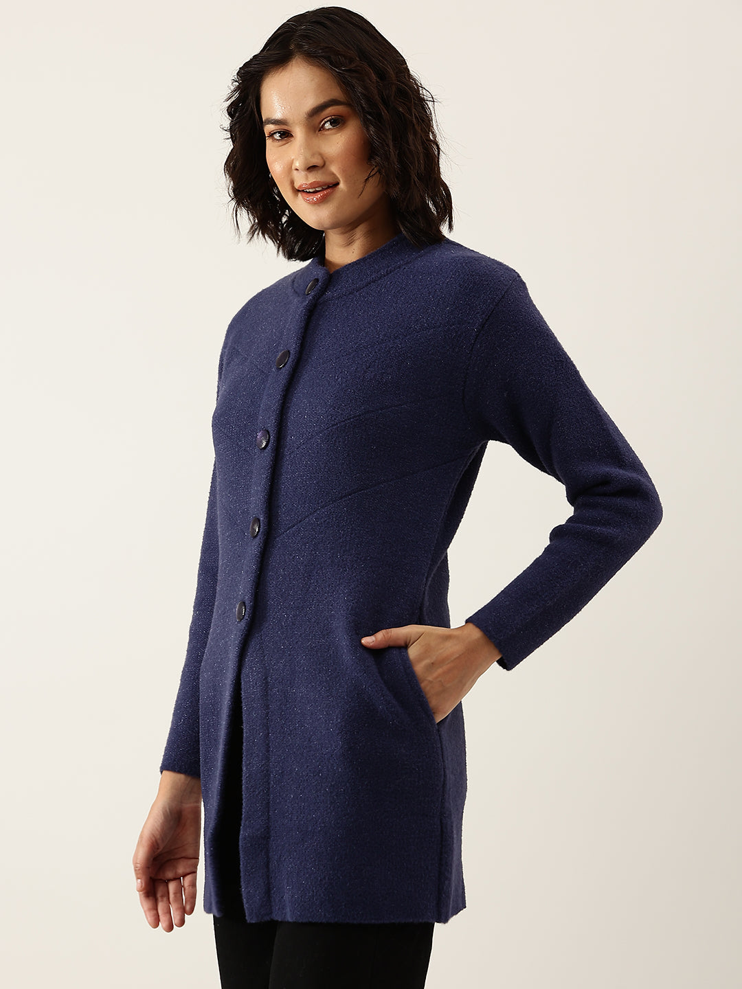 Women Blue Woollen Longline Cardigan