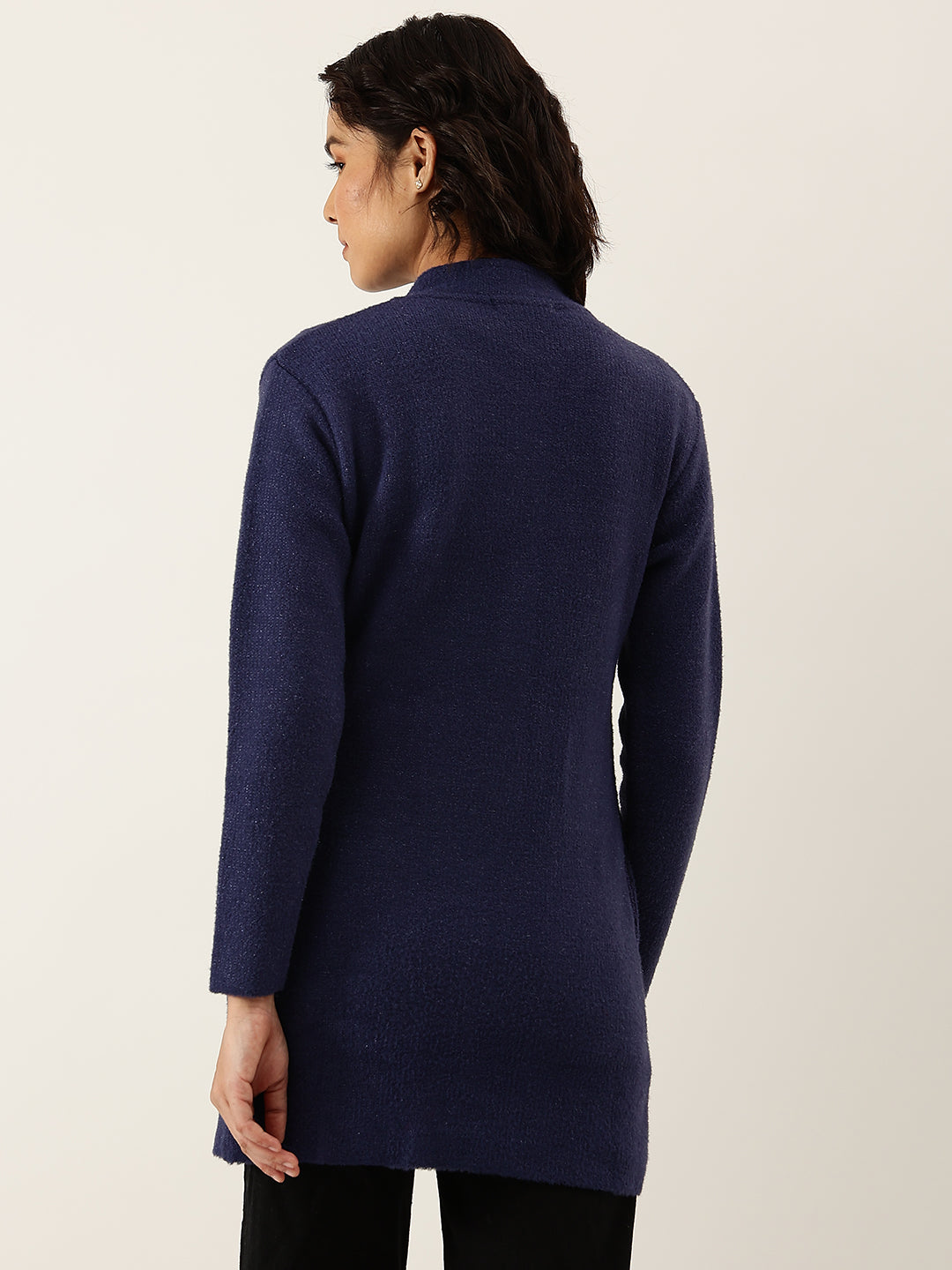 Women Blue Woollen Longline Cardigan