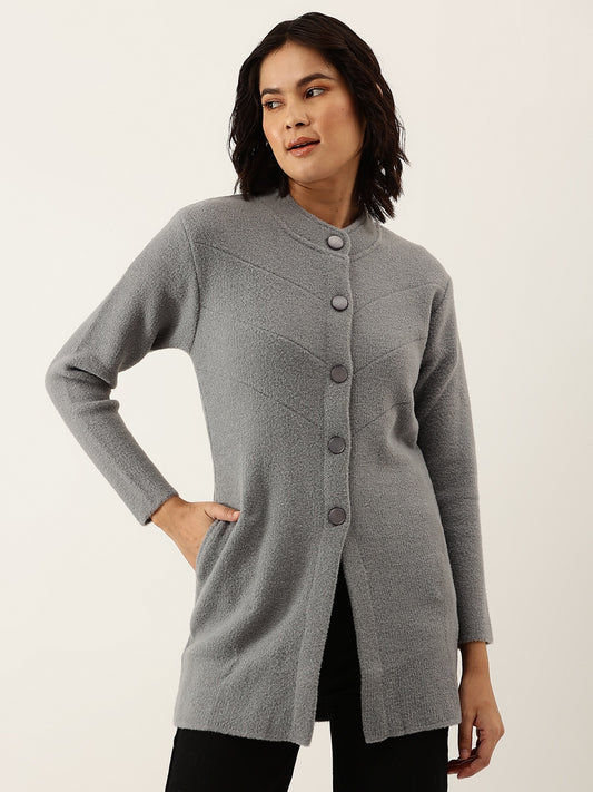 Women Grey Woollen Longline Cardigan