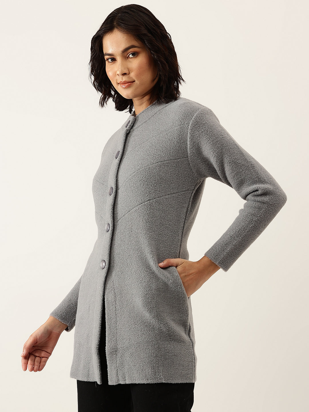 Women Grey Woollen Longline Cardigan