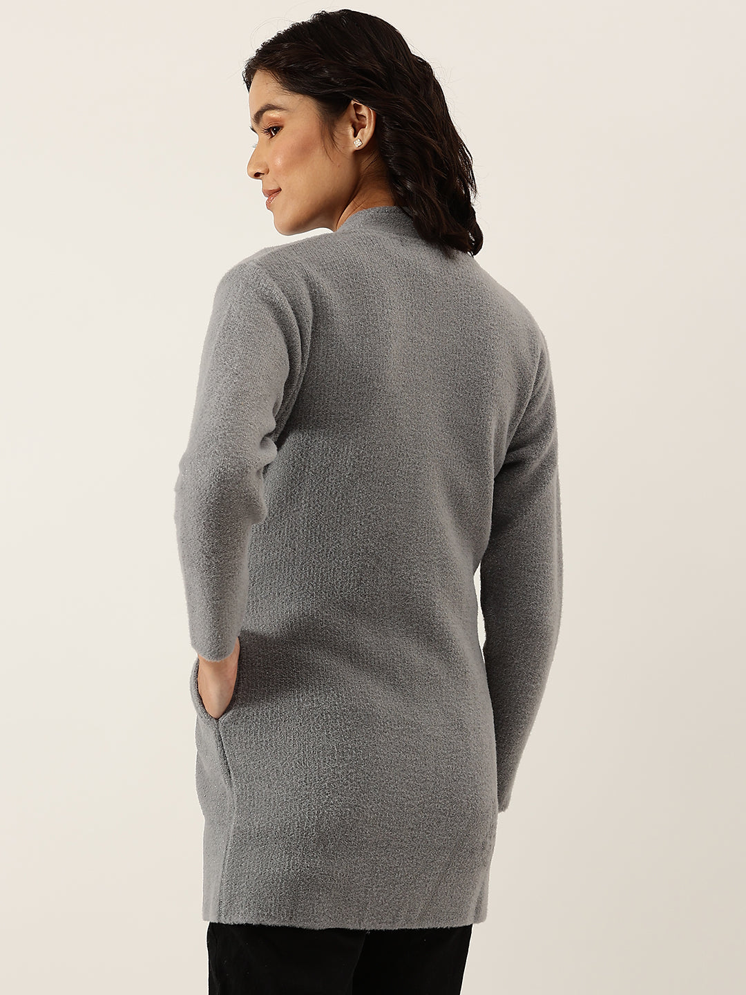 Women Grey Woollen Longline Cardigan