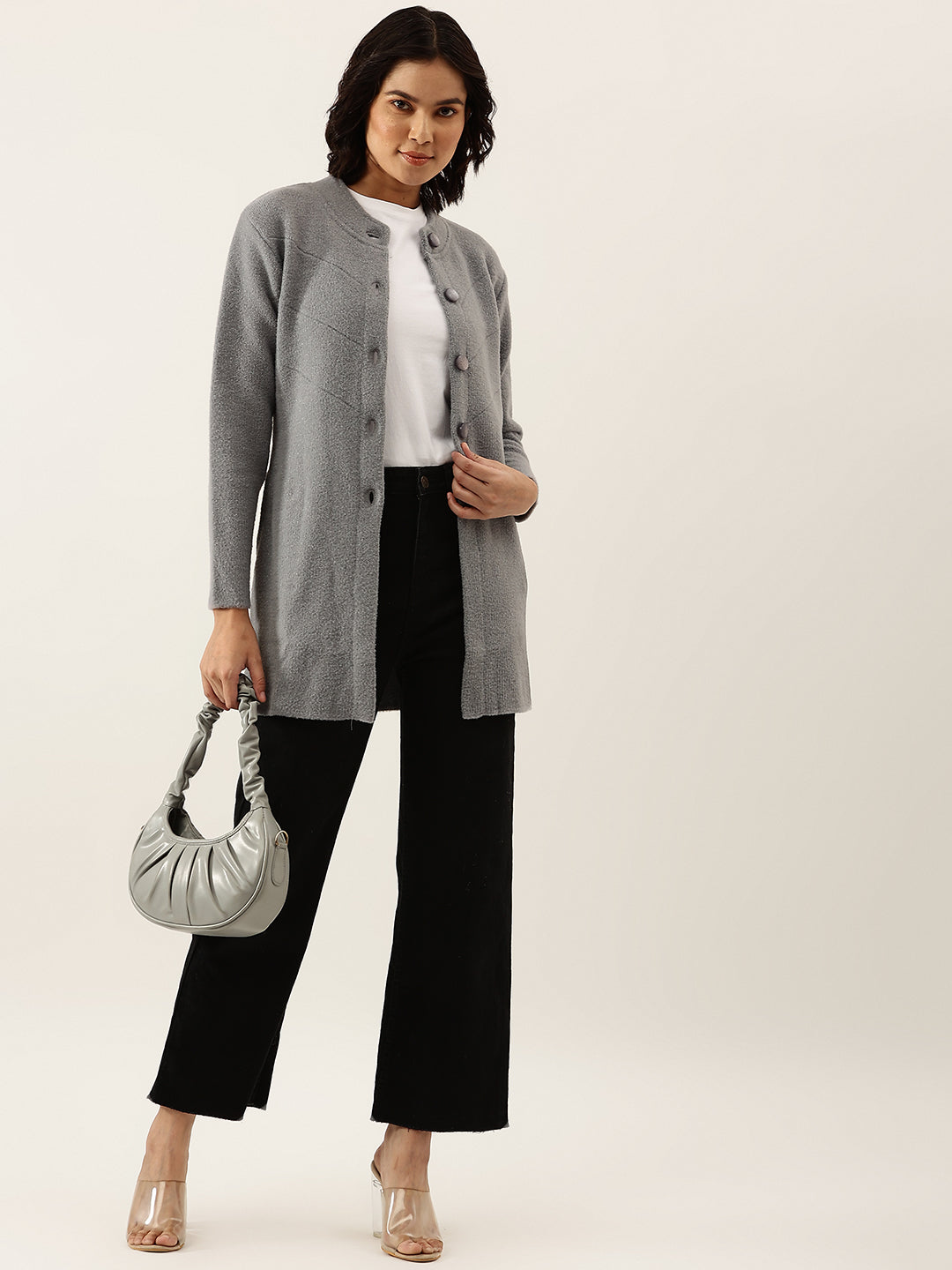 Women Grey Woollen Longline Cardigan