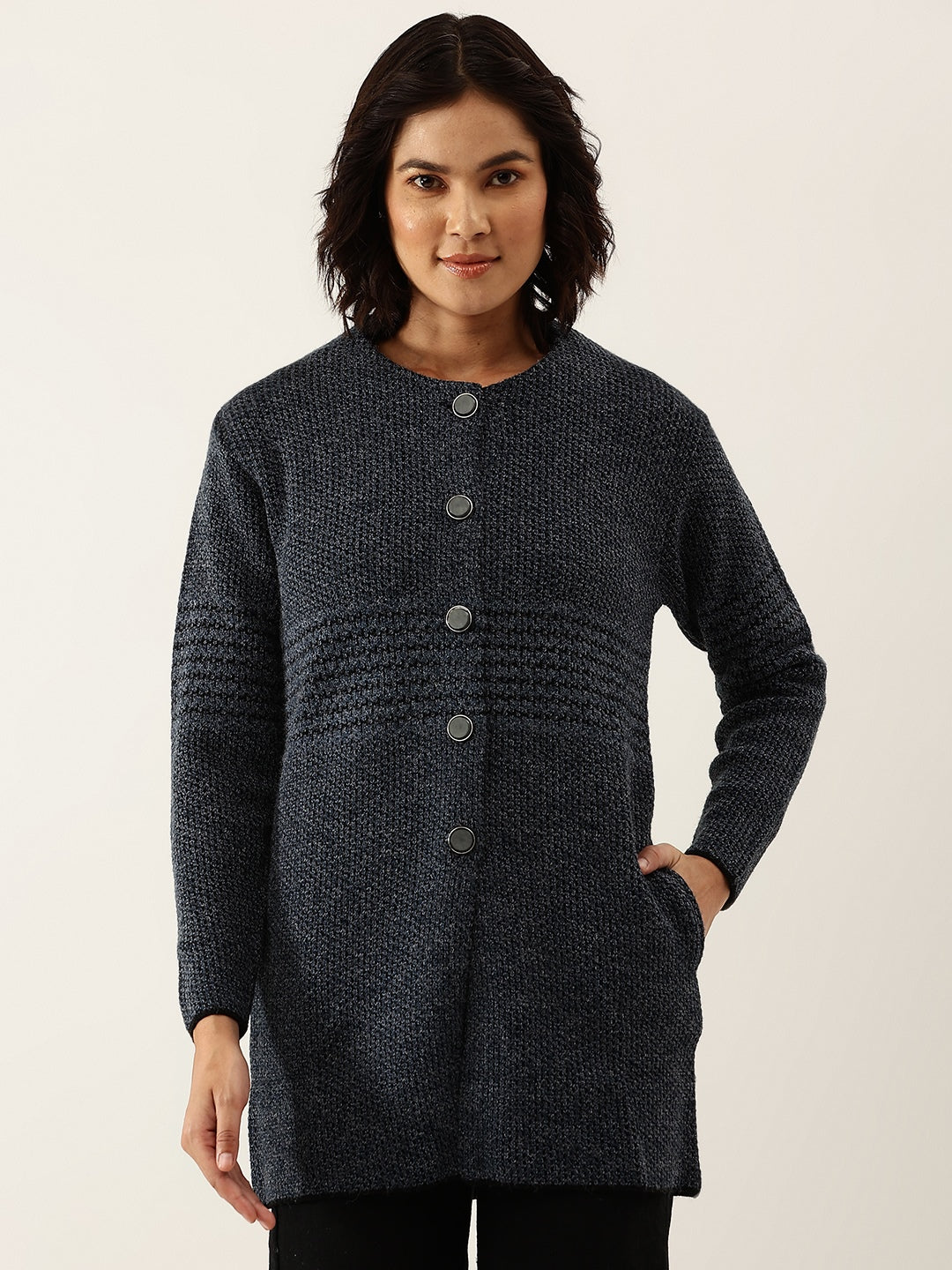 Women Navy Blue Woollen Striped Longline Cardigan