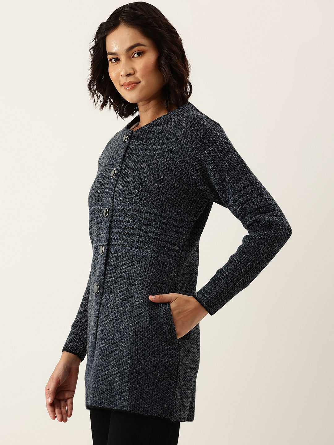 Women Navy Blue Woollen Striped Longline Cardigan