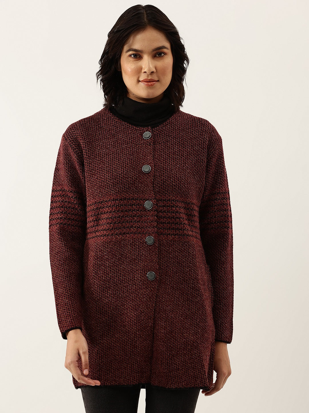 Women Maroon Woollen Striped Longline Cardigan