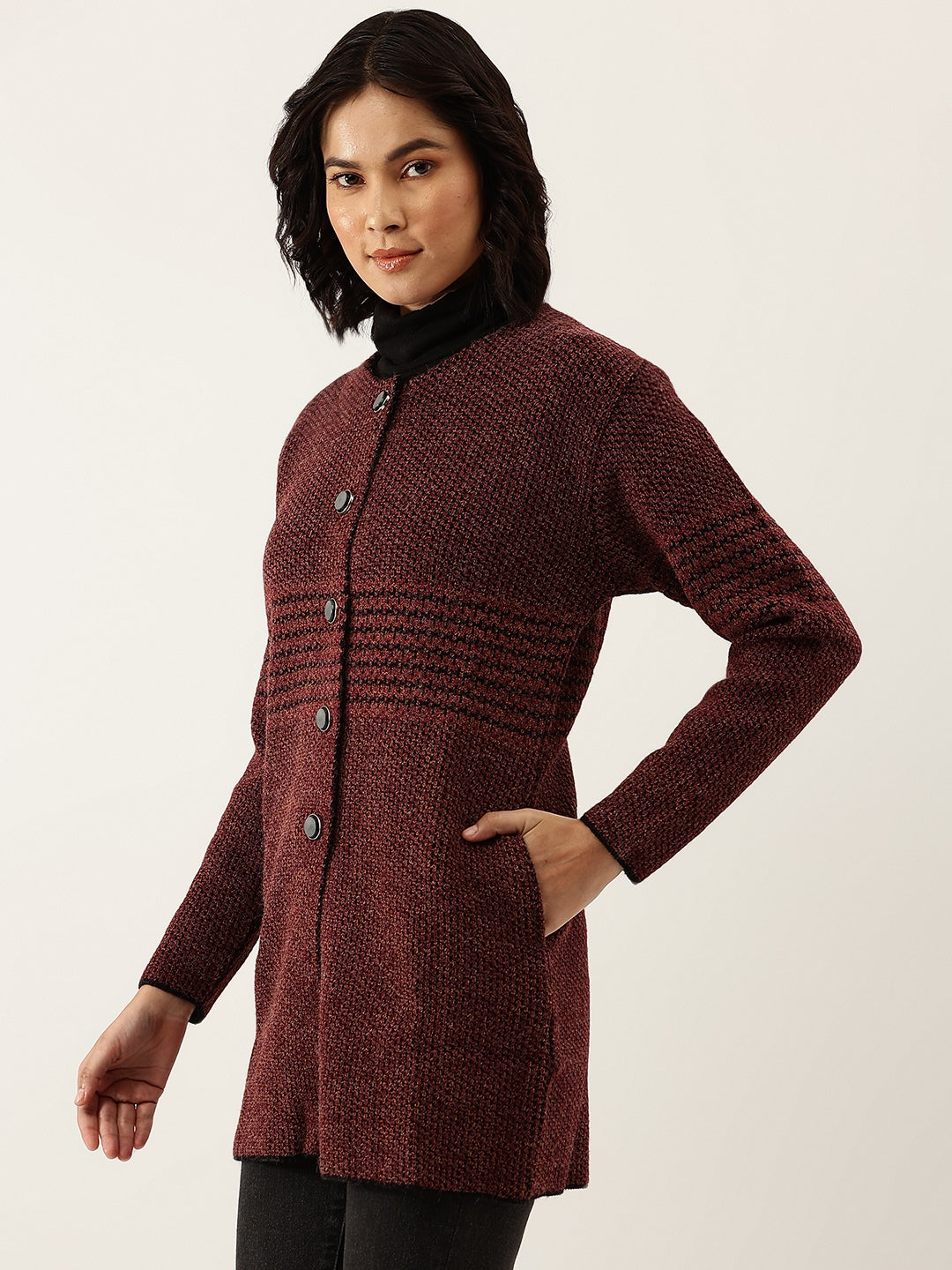 Women Maroon Woollen Striped Longline Cardigan