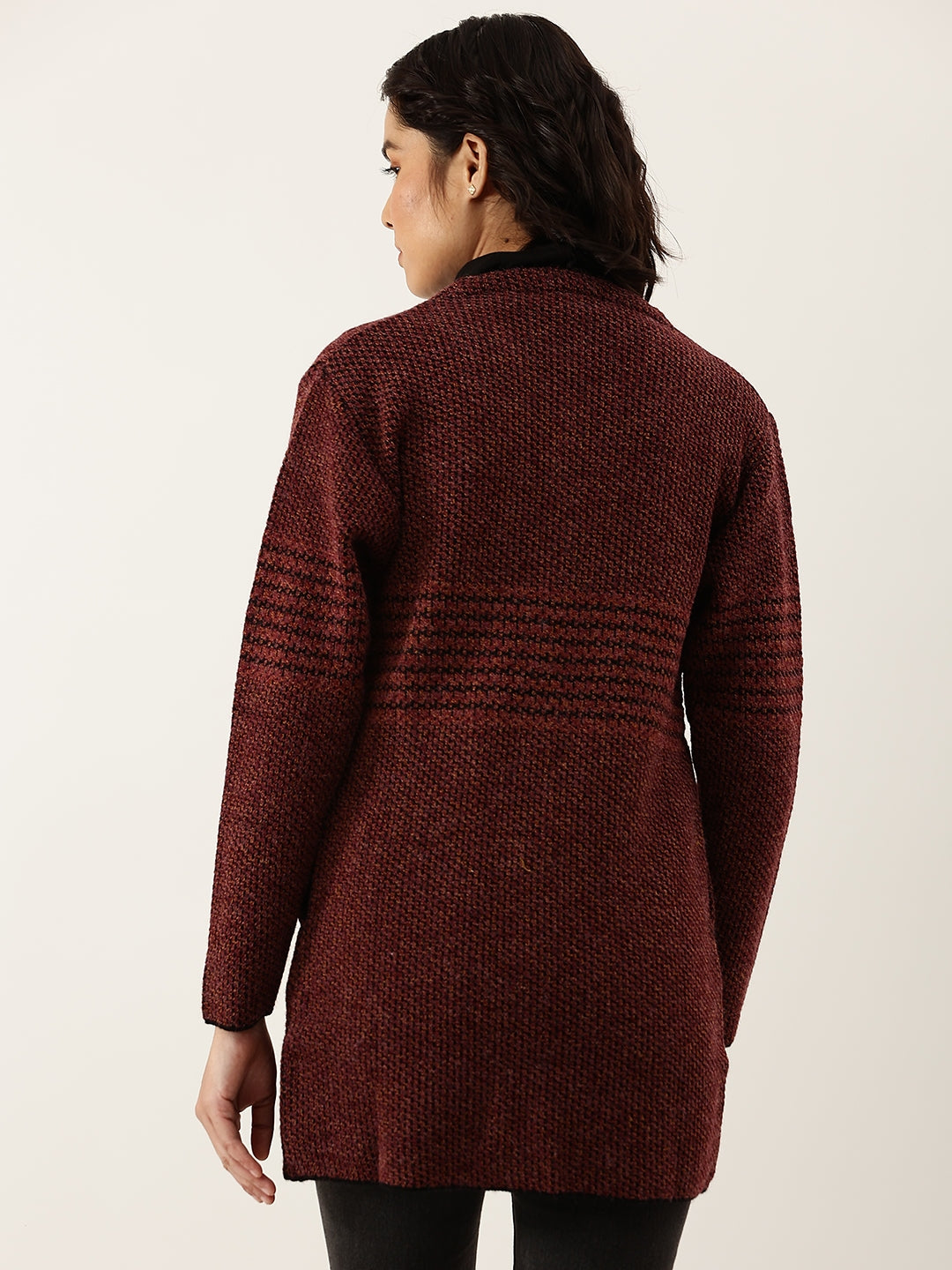 Women Maroon Woollen Striped Longline Cardigan