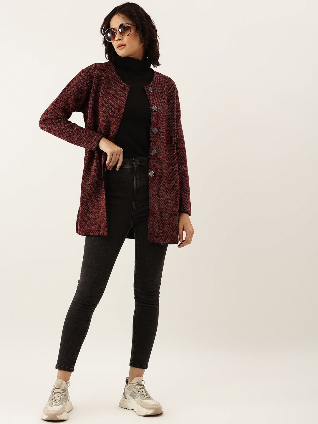 Women Maroon Woollen Striped Longline Cardigan