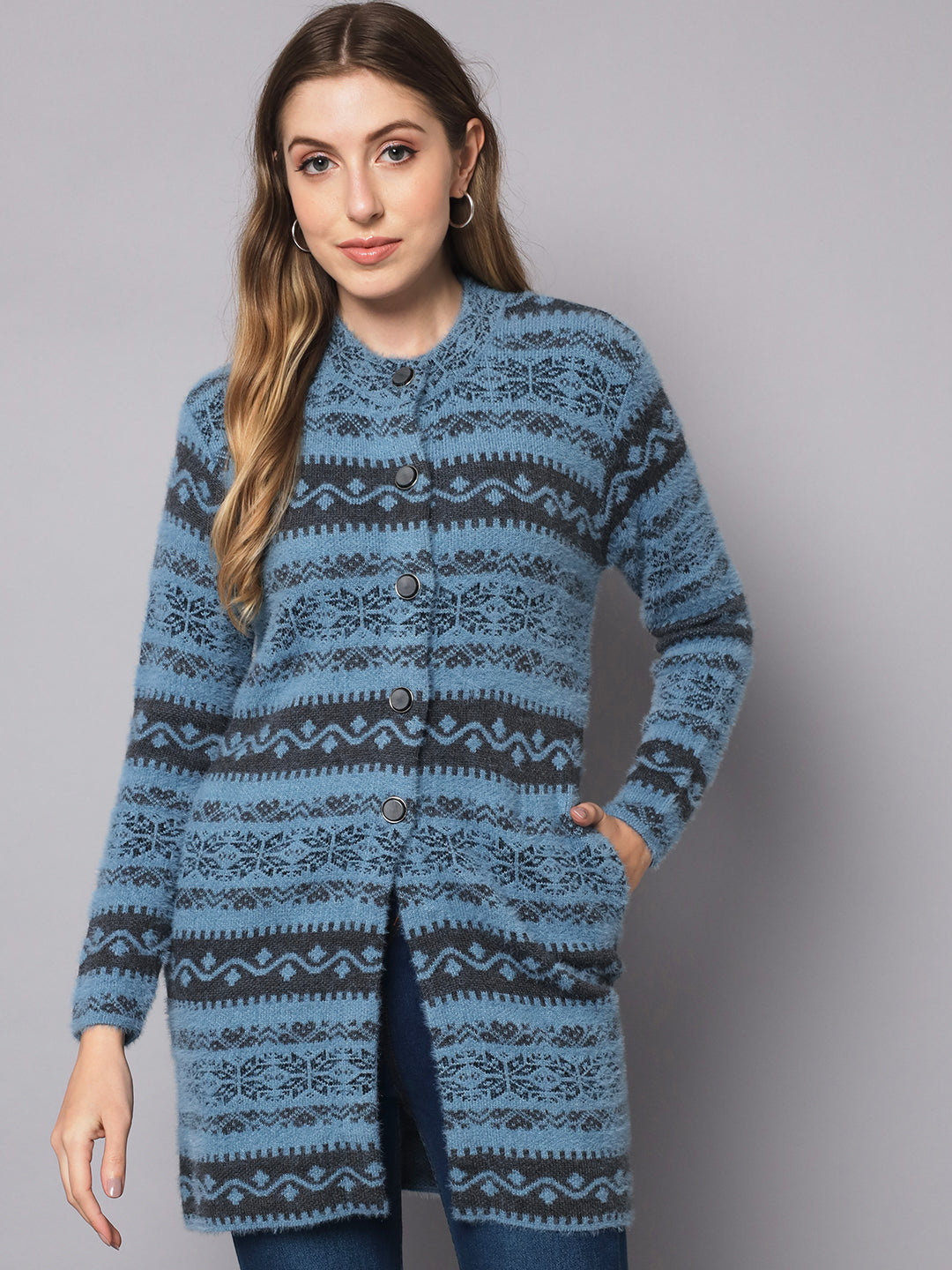 Broowl Round Neck Self Design Longline Wool Cardigan.