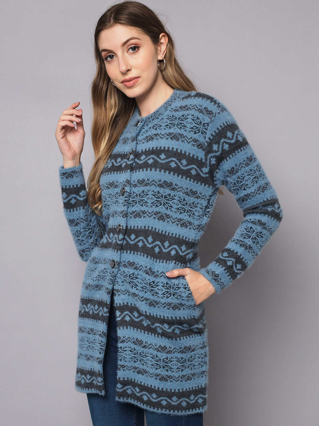 Broowl Round Neck Self Design Longline Wool Cardigan.