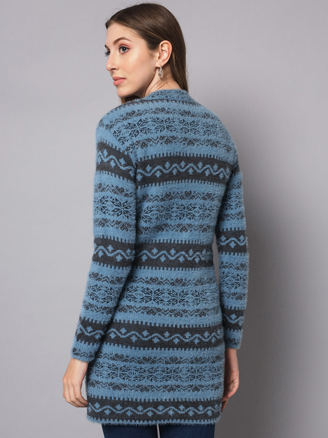 Broowl Round Neck Self Design Longline Wool Cardigan.