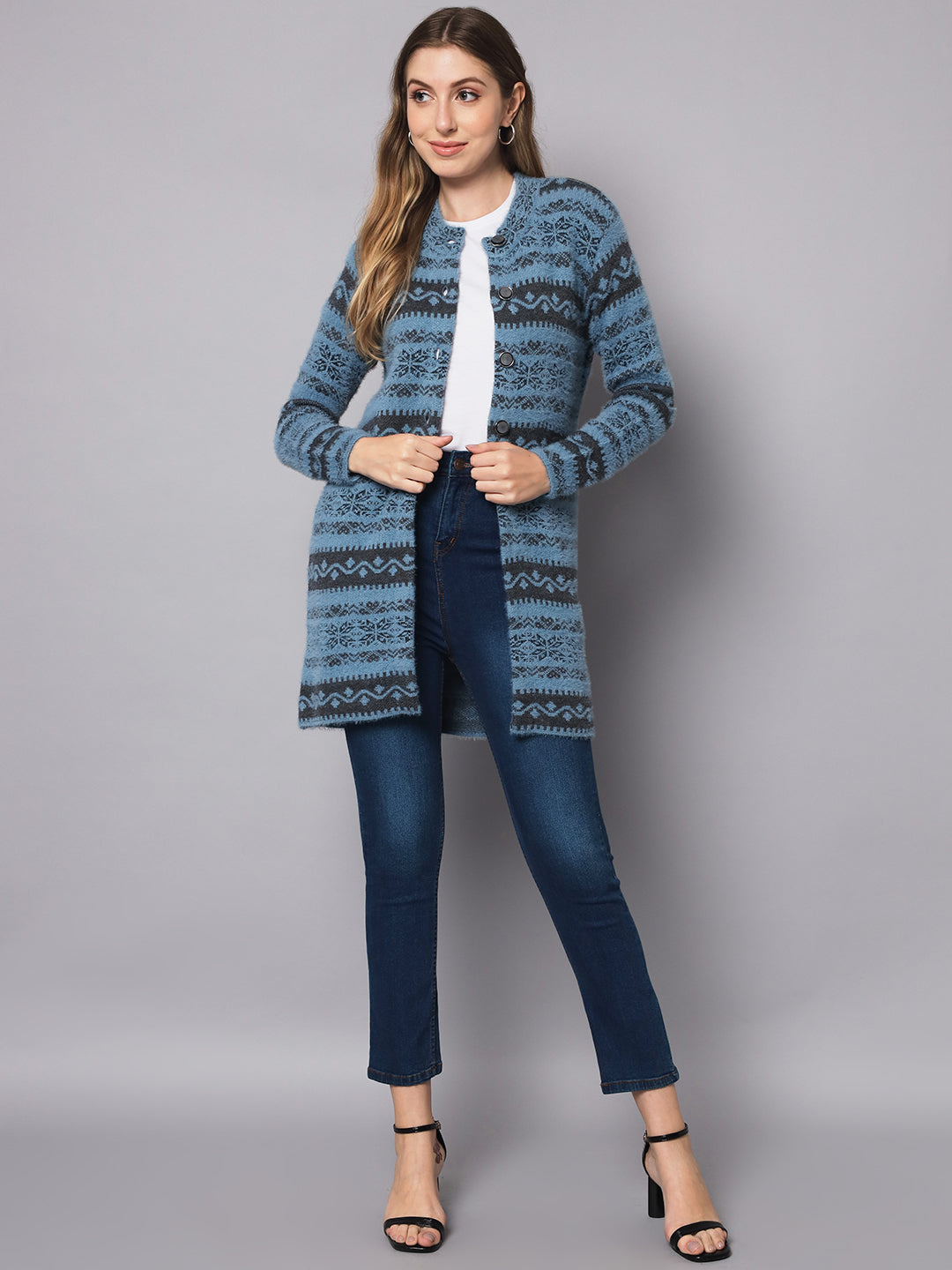 Broowl Round Neck Self Design Longline Wool Cardigan.