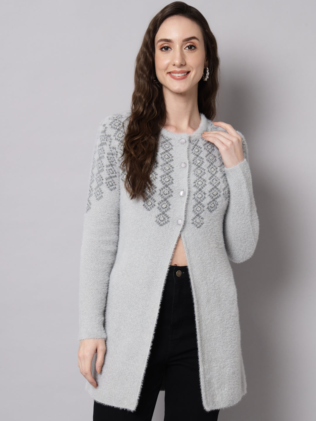 Broowl Women Grey Geometric Longline Cardigan Sweater.