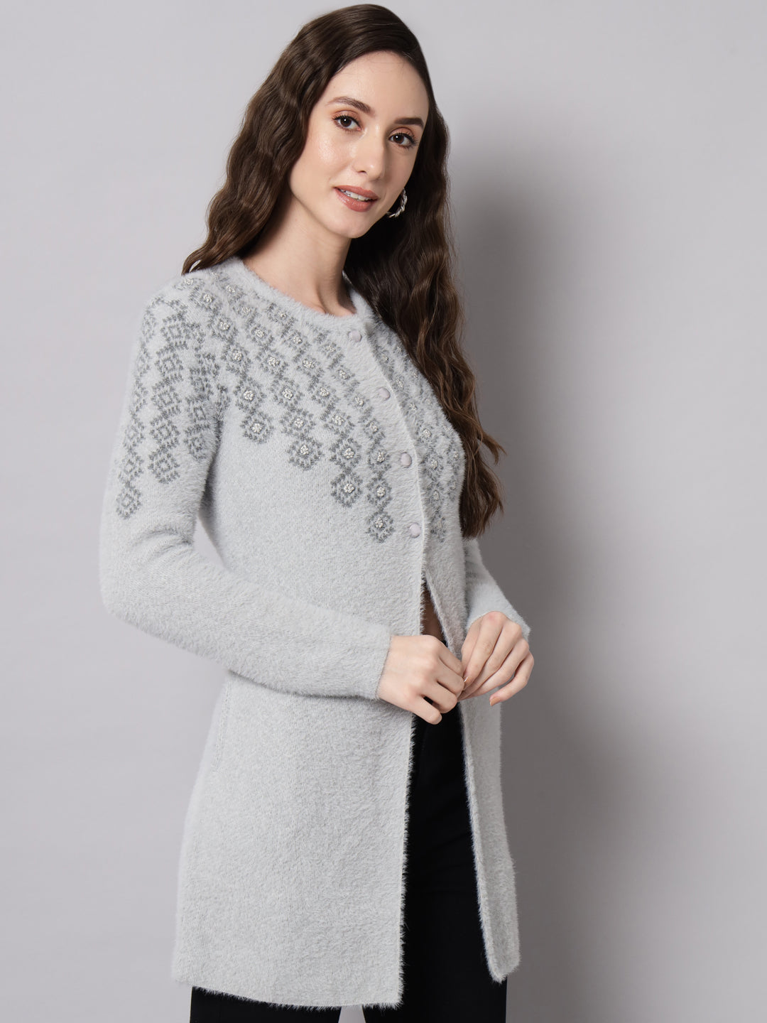 Broowl Women Grey Geometric Longline Cardigan Sweater.