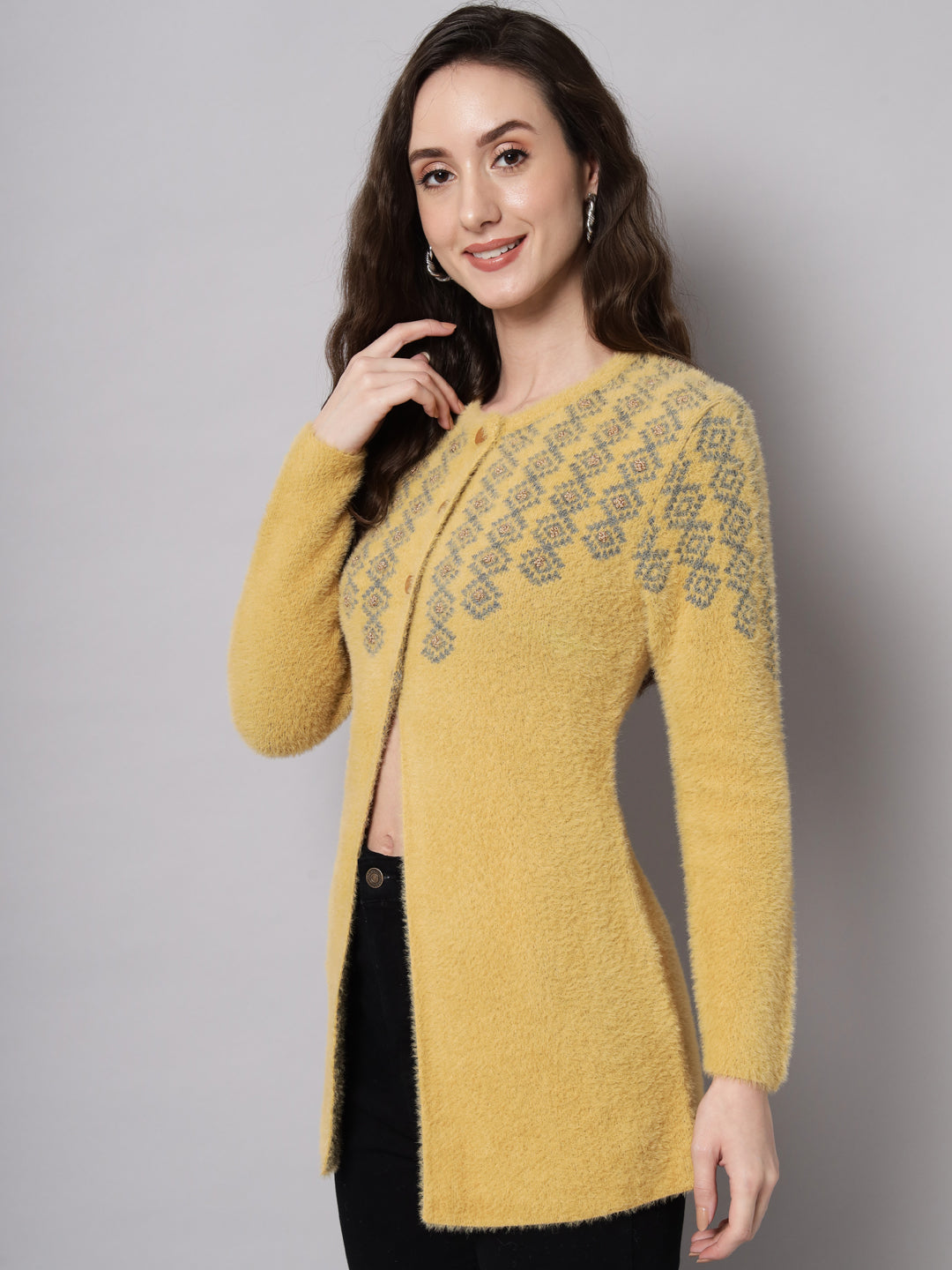 Broowl Women Mustard & Grey Self Design Front Open Wool Cardigan Sweater