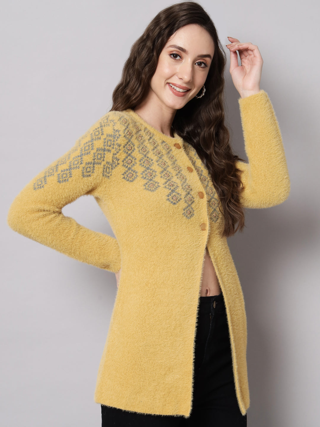 Broowl Women Mustard & Grey Self Design Front Open Wool Cardigan Sweater