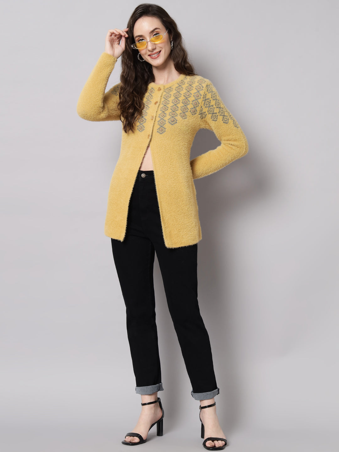 Broowl Women Mustard & Grey Self Design Front Open Wool Cardigan Sweater