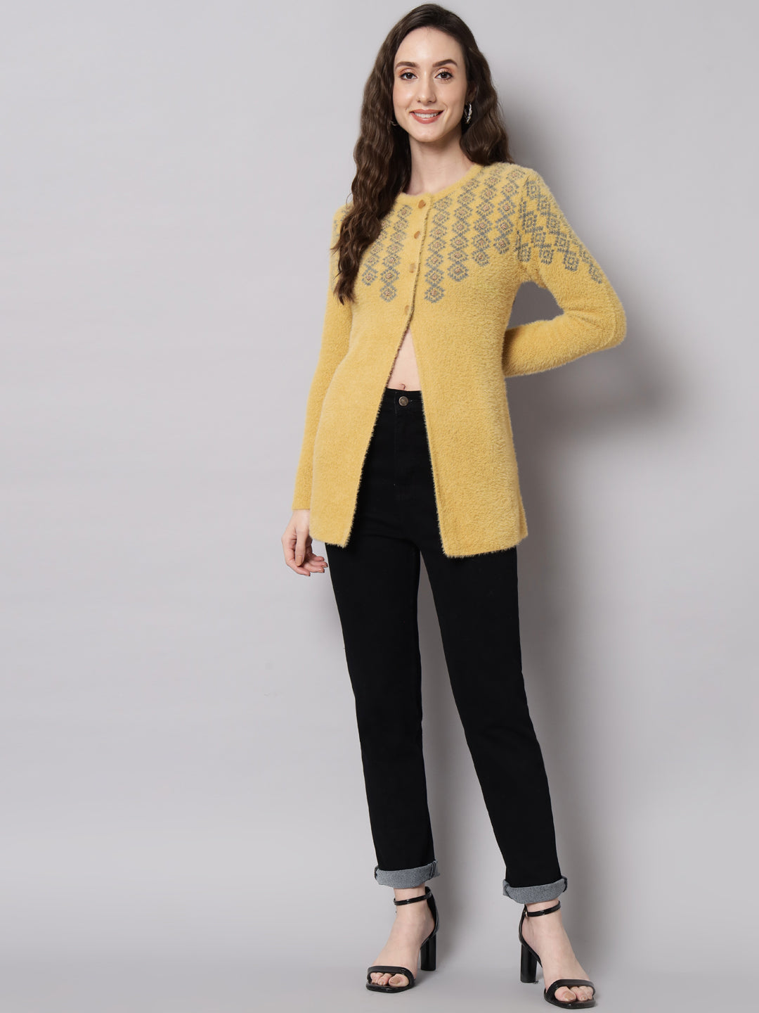 Broowl Women Mustard & Grey Self Design Front Open Wool Cardigan Sweater