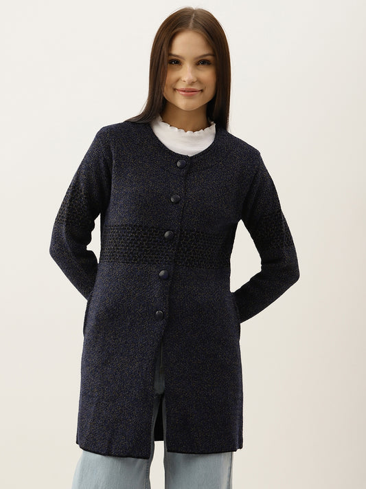 Women Navy Blue Woollen Self-Design Longline Cardigan