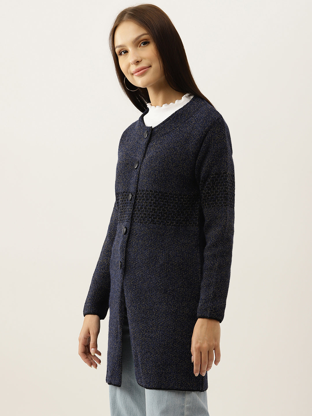 Women Navy Blue Woollen Self-Design Longline Cardigan