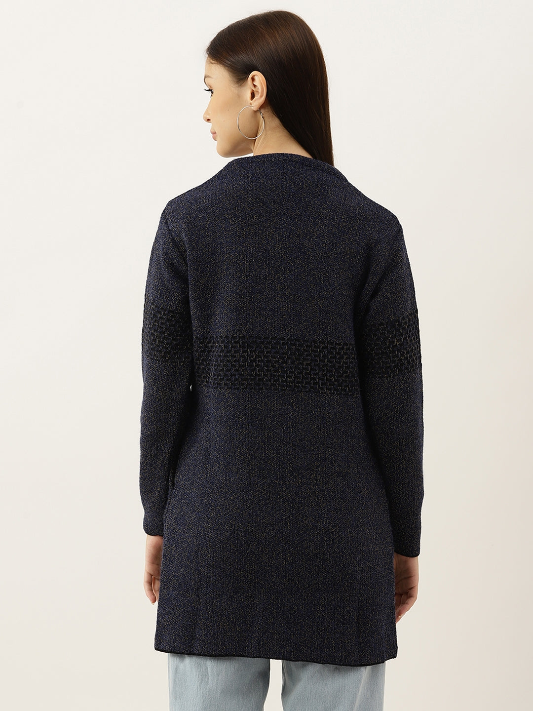 Women Navy Blue Woollen Self-Design Longline Cardigan